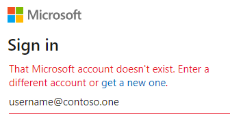This screenshot shows that a microsoft Account sign in prompt will return a warning if you give it an email address with no Microsoft Account associated 