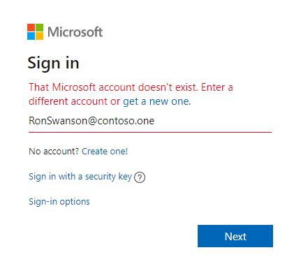 Providing an invalid Microsoft Account email throws a watning that the Microsoft Account does not exists