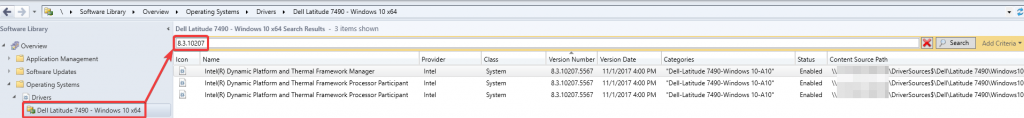 ConfigMgr console showing a driver package
