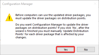 an image showing a warning that the driver packages will need to be distributed before they are usable allowing the user to click yes to automatically distribute the driver packages.