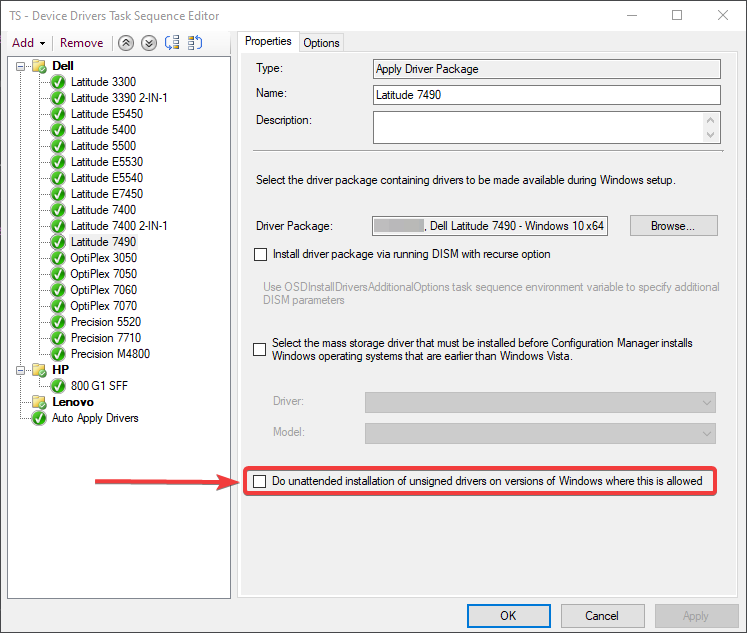 an image showing an &ldquo;apply driver package&rdquo; task sequence item highlighting a &ldquo;Do unattended installation of unsigned drivers on version of Windows where this is allowed&rdquo; check box.